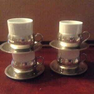 4 LEONARD Silver Italy Espresso Cup Holders, Sauces & Ceramic Cups VINTAGE